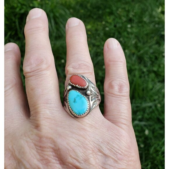 Vintage NA Turquoise Coral Native American Sterling Silver Ring Signed AR RR - Picture 7 of 15